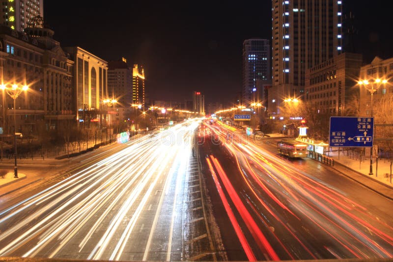 Road with Car Traffic at Night with Blurry Lights Stock Image Image