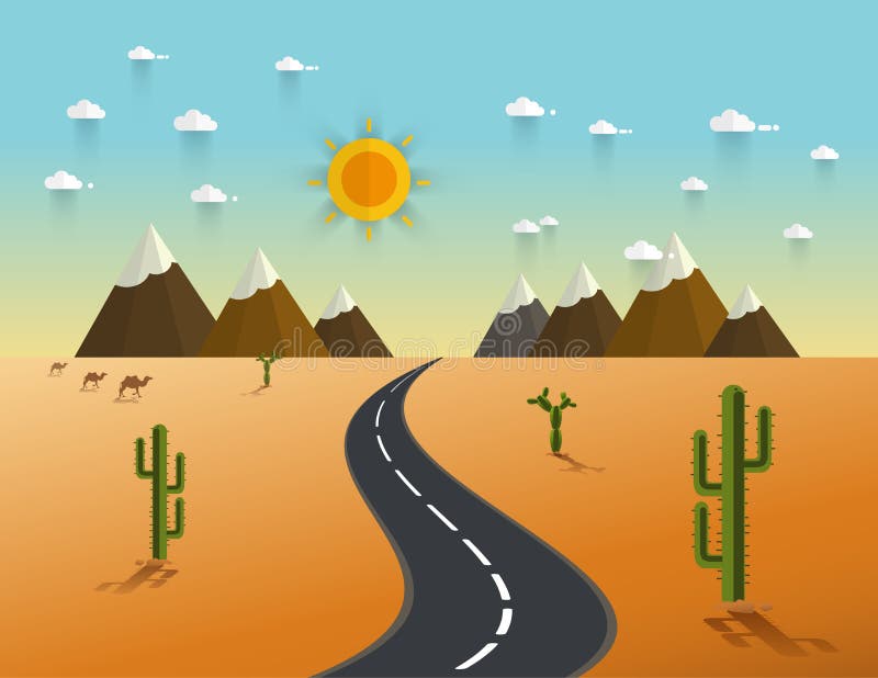 Road through a Desert and Mountains Stock Vector Illustration of