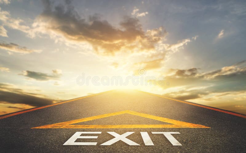 Road Exit sign leading to a hope and light in Golden cloud sunset sky, pathway to solution and freedom concept