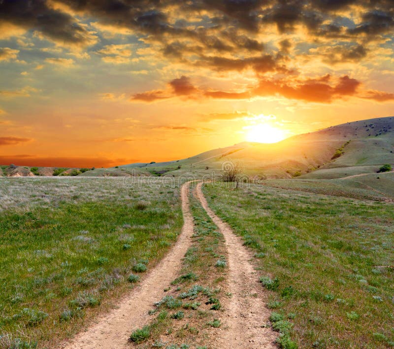 Road on Green Meadow in Mountains Stock Image Image of meadow