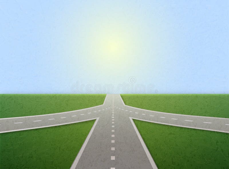 Road leading to horizon and sunlit sky. Illustration of empty highway with road junction. Road leading to horizon and sunlit sky. Shading, layered paper effects stock photography Road leading to horizon and sunlit sky. Illustration of empty highway with road junction. Road leading to horizon and sunlit sky. Shading, layered paper effects stock photography