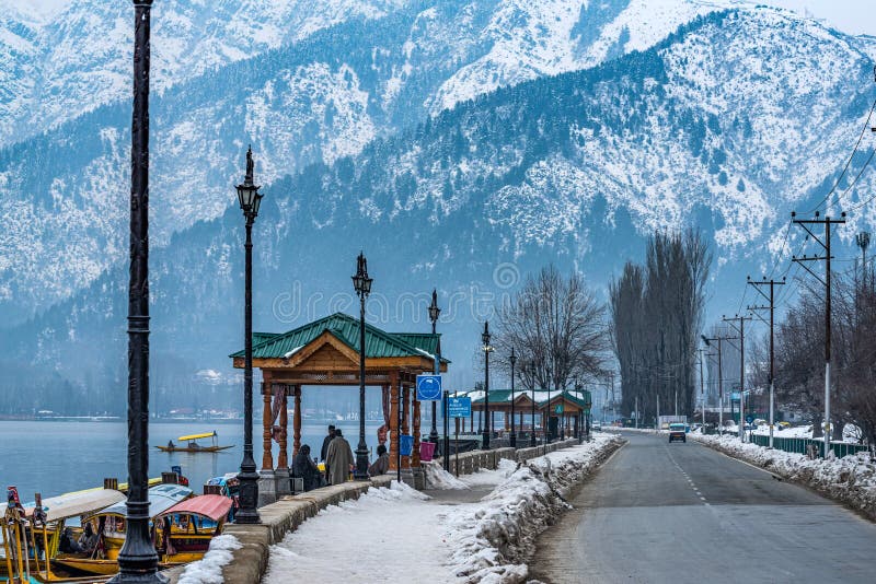 Road next to Dal Lake in winter, Srinagar, Kashmir, India