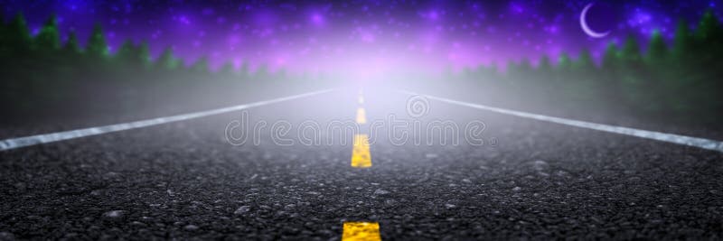 Road At Night With Soft Glowing Fog. Close-up Of Road At Night With Soft Glowing Fog Disappearing Into The Horizon With Pine Trees, Stars, And Moon Background royalty free stock images Road At Night With Soft Glowing Fog. Close-up Of Road At Night With Soft Glowing Fog Disappearing Into The Horizon With Pine Trees, Stars, And Moon Background royalty free stock images