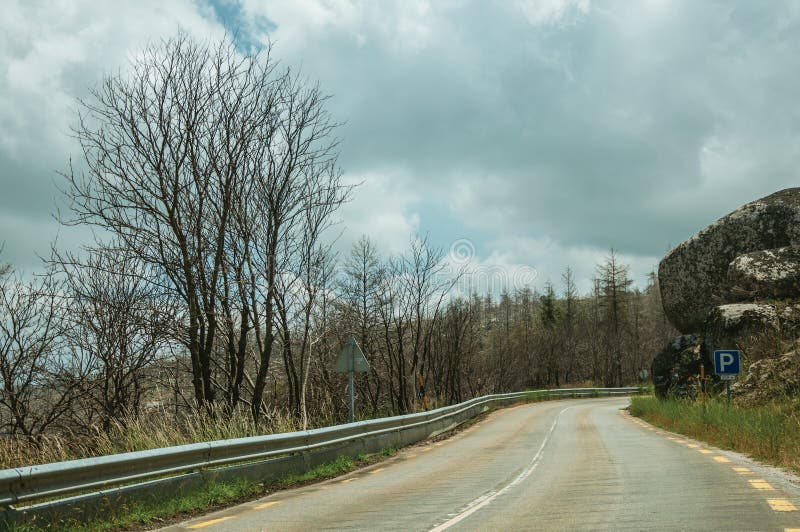 Road passing through burnt forest on rocky landscape stock photos Road passing through burnt forest on rocky landscape stock photos