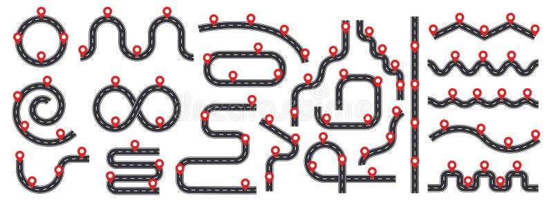 Road path with red pin pointers. Business journey map infographic, wavy timeline with milestones. Workflow process chart, flow chart. Abstract route infographics vector elements. Wavy timeline vectors