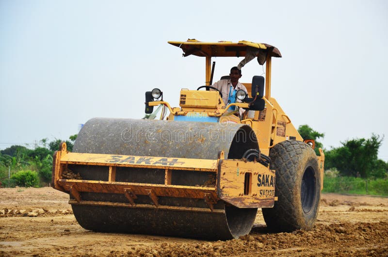 Road Roller Steamroller or Vibratory Roller on Construction Site