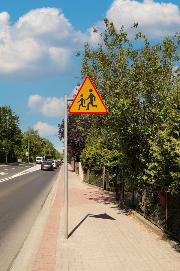 Road sign Children outdoors on sunny day stock photos