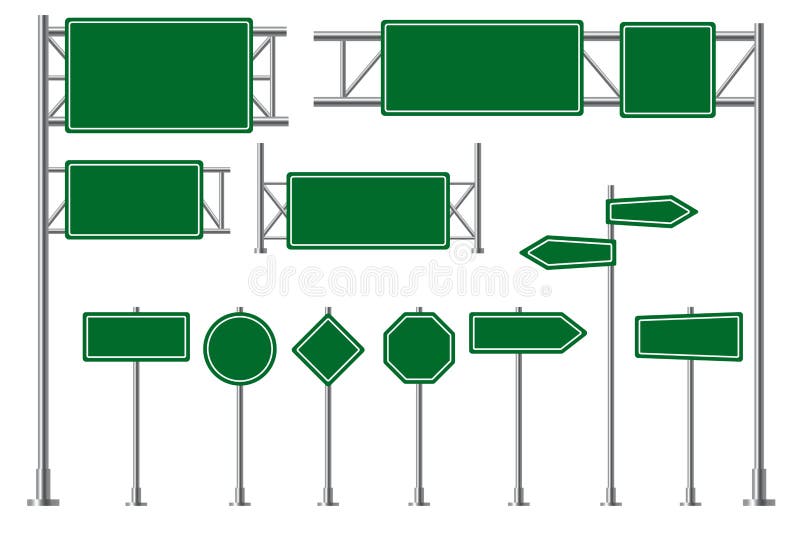 Road sign. Green highway traffic boards, route direction signboards. Blank billboard and arrow information signage