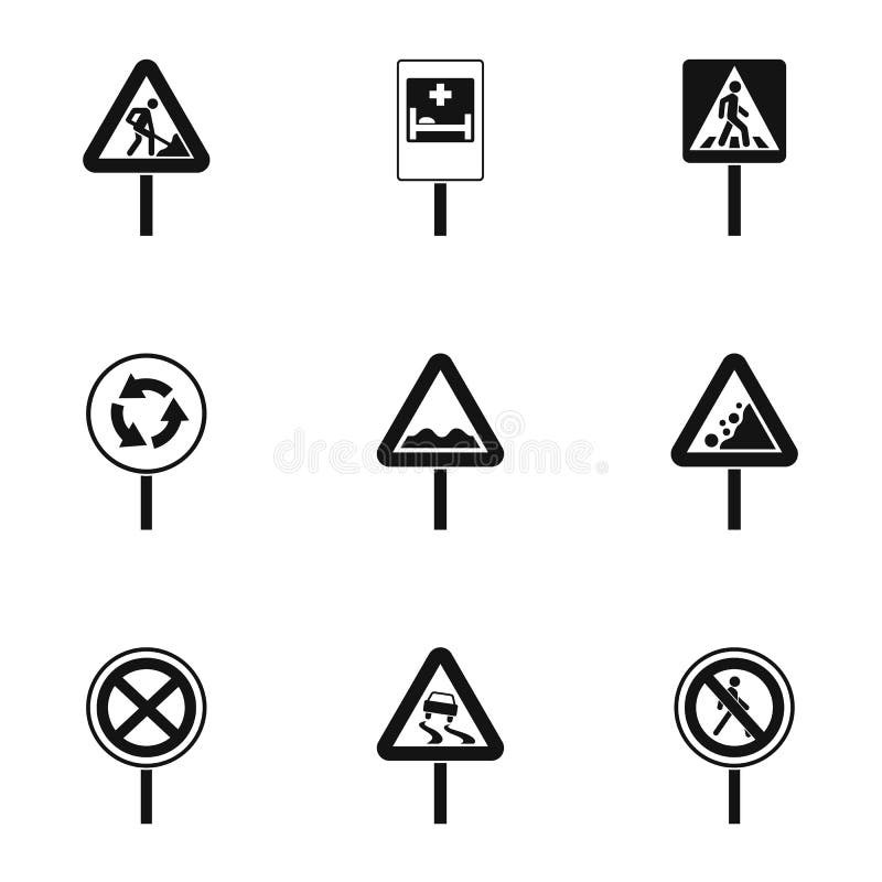 Road sign icons set, simple style stock illustration