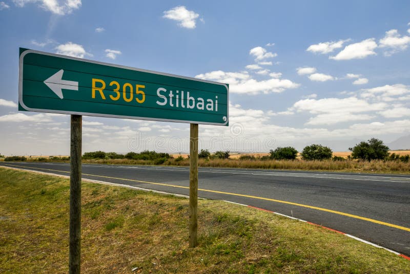 Road sign at the route N2 road in South Africa near Still Bay pointing to Still Bay R305. stock images Road sign at the route N2 road in South Africa near Still Bay pointing to Still Bay R305. stock images