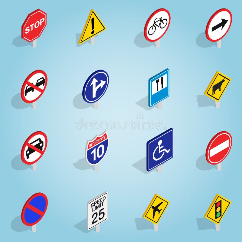 Road sign set icons, isometric 3d style stock illustration