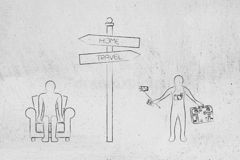 Road sign Stay Home or Go Travel, man on couch on one side and p stock illustration Road sign Stay Home or Go Travel, man on couch on one side and p stock illustration