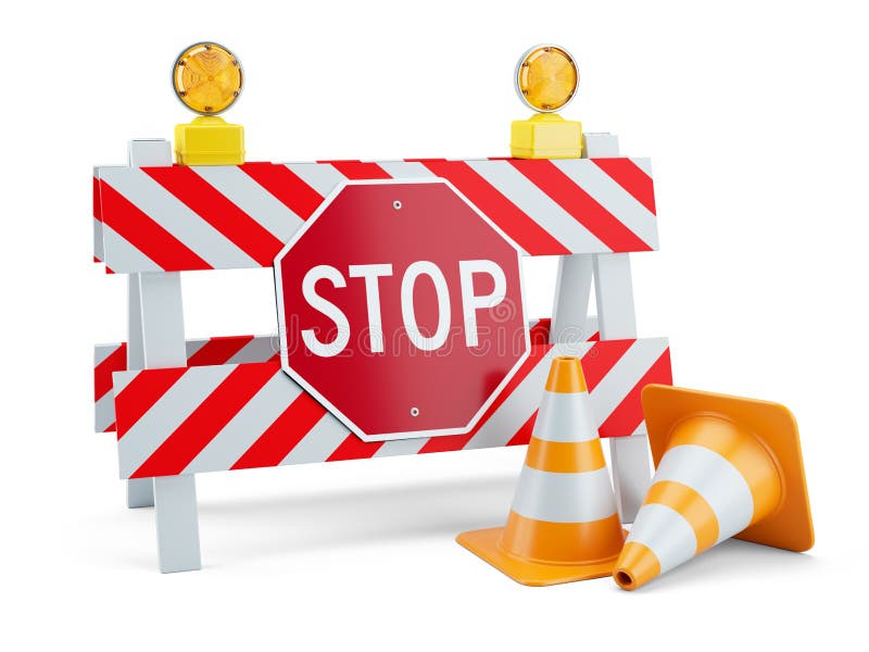 Road sign STOP on fence and traffic cones vector illustration Road sign STOP on fence and traffic cones vector illustration