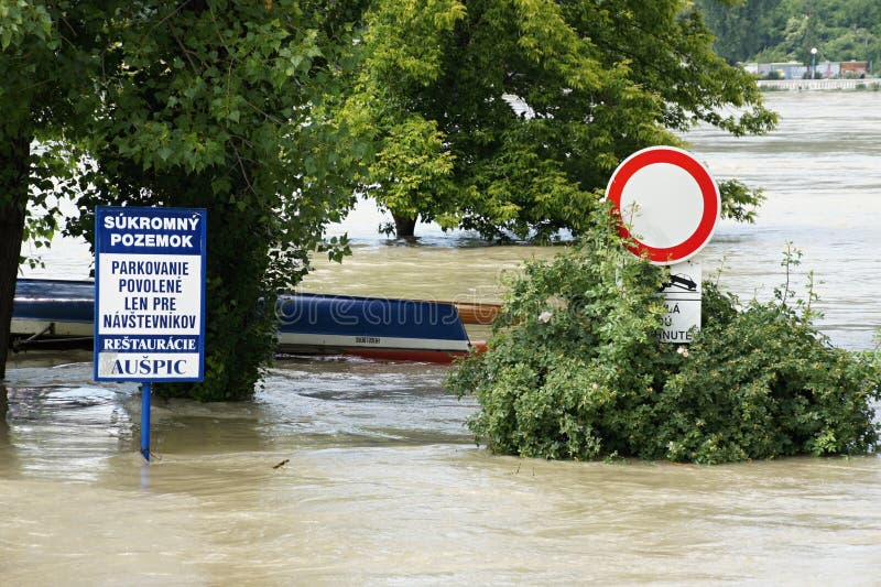 Road sign under water - extraordinary flood, on Danube in Bratislava