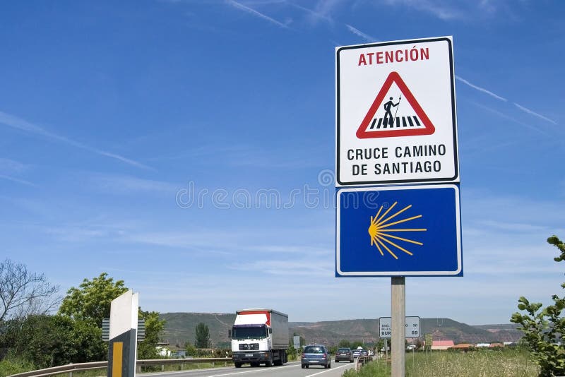 Road sign warns motorists of crossing pilgrims stock images