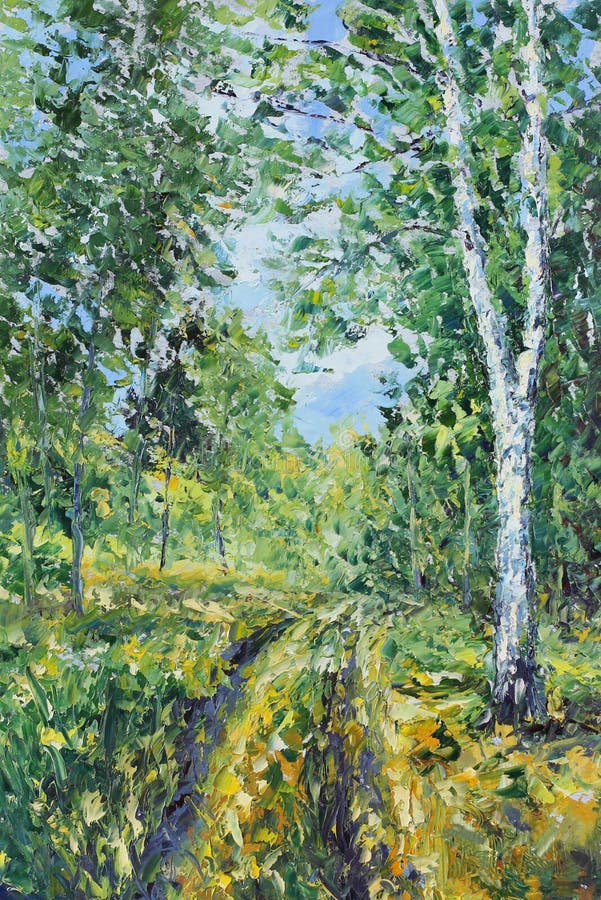 Road in summer forest, oil painting