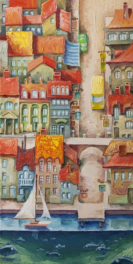 The perspective of a seaside town. There are a road to harhour, the yacht, the mirror-like surface of the sea and the fishes in the deep. Artwork by Alex Tsuper. Oil on canvas, 30 x 60 cm. The perspective of a seaside town. There are a road to harhour, the yacht, the mirror-like surface of the sea and the fishes in the deep. Artwork by Alex Tsuper. Oil on canvas, 30 x 60 cm.