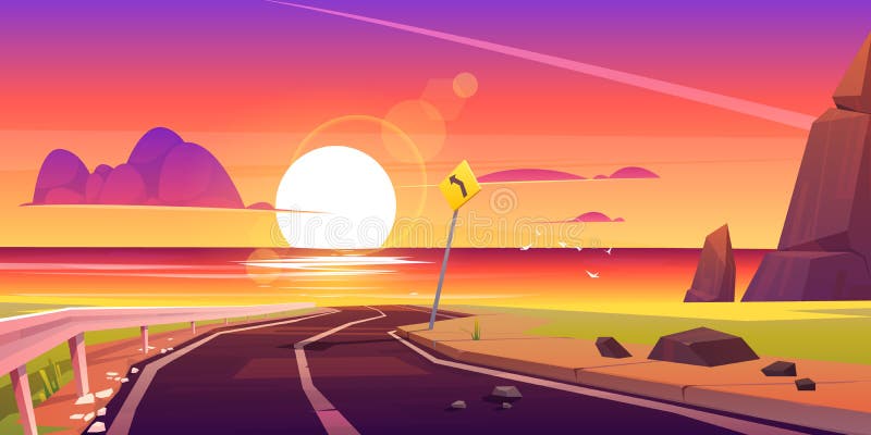 Road to sea beach sunset landscape, asphalt way