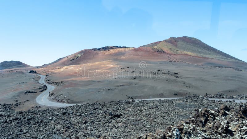Road to volcano, amazing volcanic landscape of Timanfaya national park, Lanzarote, Canary Islands stock photography Road to volcano, amazing volcanic landscape of Timanfaya national park, Lanzarote, Canary Islands stock photography