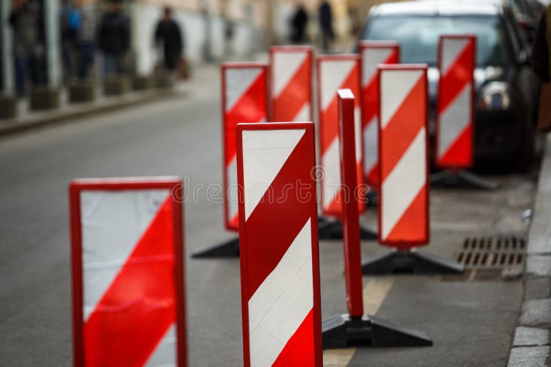 Road traffic works safety pole post obstacle detour sign barrier stock images Road traffic works safety pole post obstacle detour sign barrier stock images