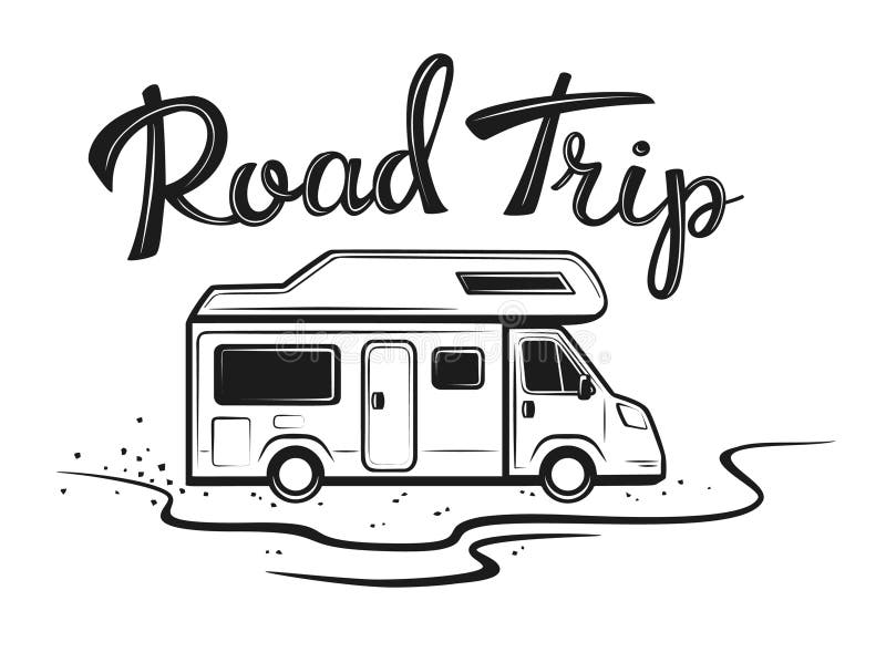 Road trip poster with camper on the way to holidays. 