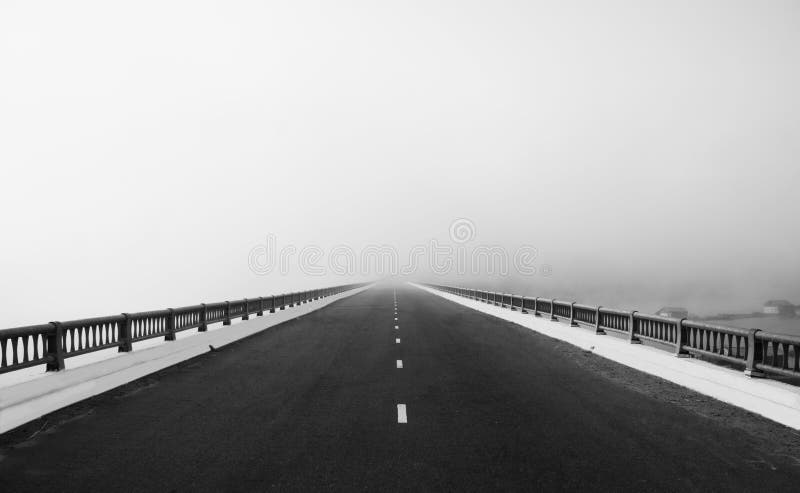 Road, way like arrow, direction to future in fog