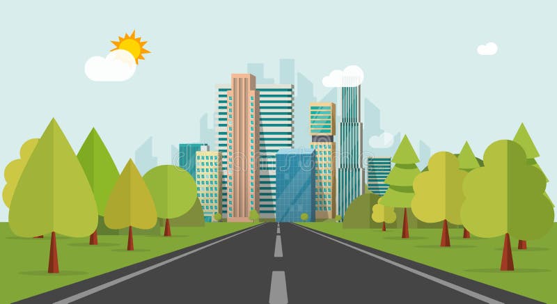 Road way to city buildings on horizon vector illustration, highway cityscape flat style