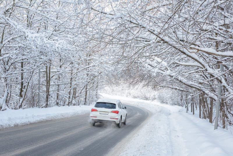 Road in winter forest. White car goes across woods after snowfall