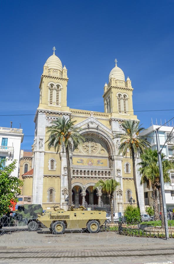 Roadblock in front of catholic cathedral downtown tunis / tunisia