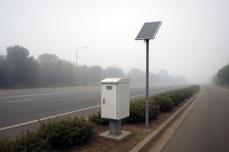 Roadside Utility Cabinet With Solar Panel Pole, generative ai stock illustration