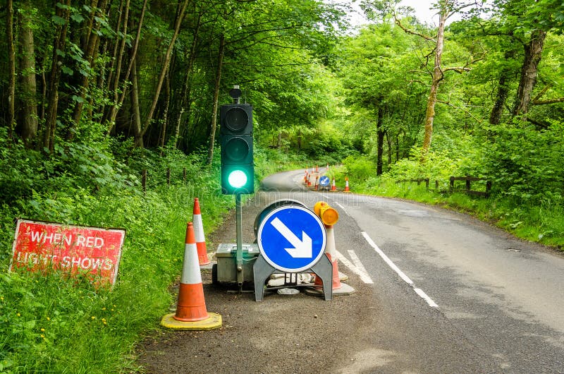 Roadworks Signs and Traffic Light Stock Photo Image of asphalt, line