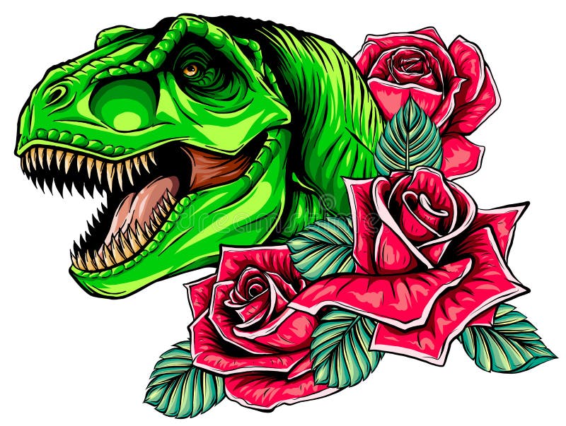 Dinosaur and roses frame. vector design. Concept art drawing.