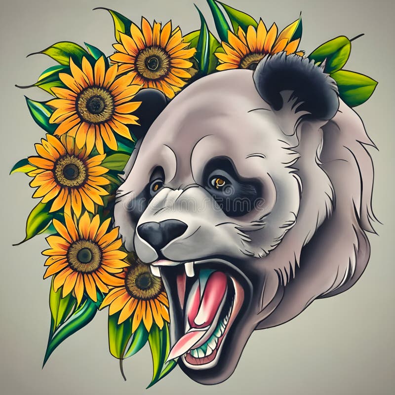 Roaring Panda and Realistic Sunflower Tattoo Stock Illustration ...