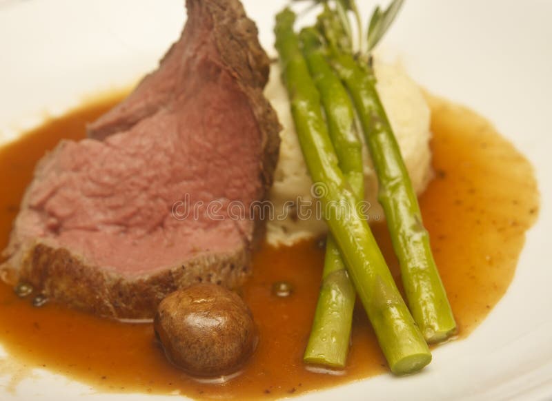 Roast Beef with Asparagus Potatoes and Mushroom Stock Image Image of