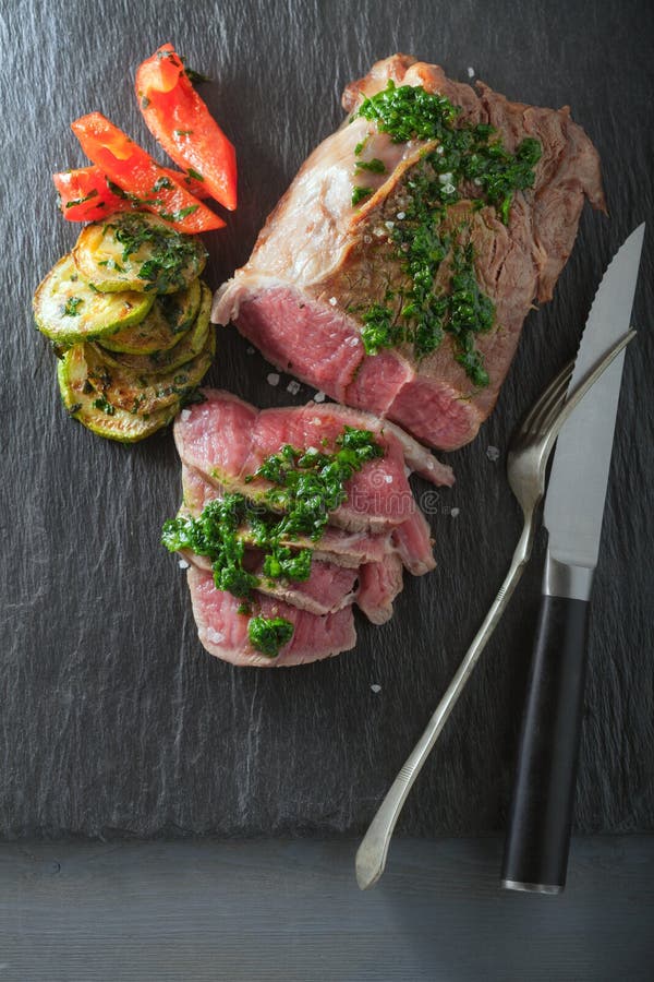 Roast Beef Dinner with Roasted Zucchini Stock Photo Image of basil