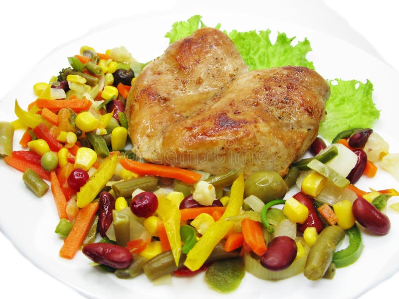 Roast beef meat with vegetables and spaghetti stock photo