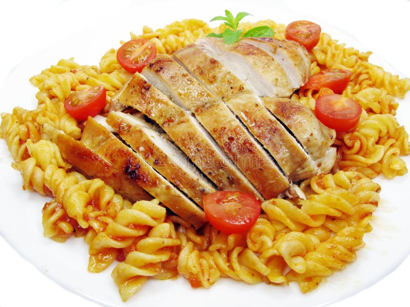 Roast beef meat with vegetables and spaghetti royalty free stock photos