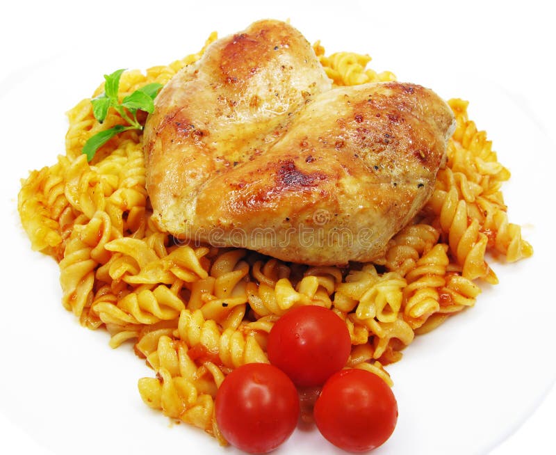 Roast beef meat with vegetables and spaghetti stock photos