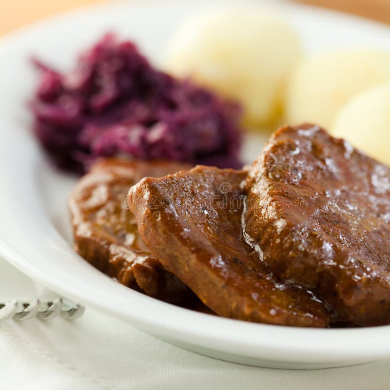 Roast Beef with Potato Dumplings and Red Cabbage Stock Image Image of