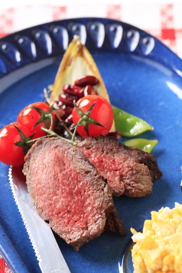 Roast Beef, Scrambled Eggs and Vegetables Stock Photo Image of