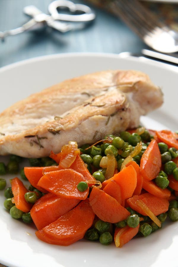 Roast Chicken Breast with Vegetables on White Plate Stock Photo Image