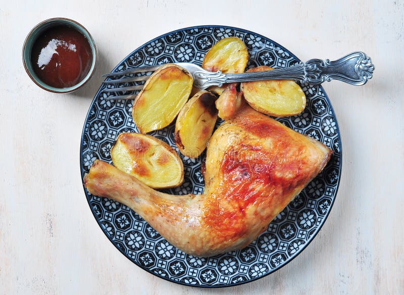 Roast Chicken Leg with Baked Potatoes Stock Photo Image of potatoe