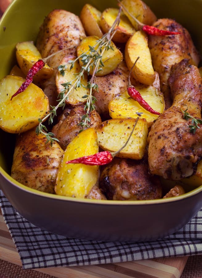 Roast Chicken Legs with Potatoes Stock Image - Image of thyme, meat