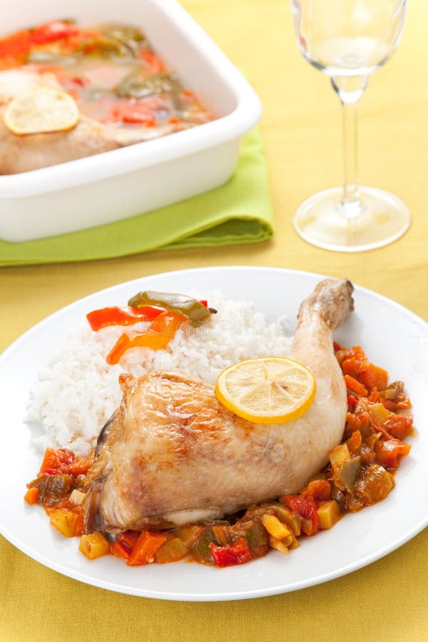 Roast Chicken with Red and Green Peppers Stock Image Image of thigh