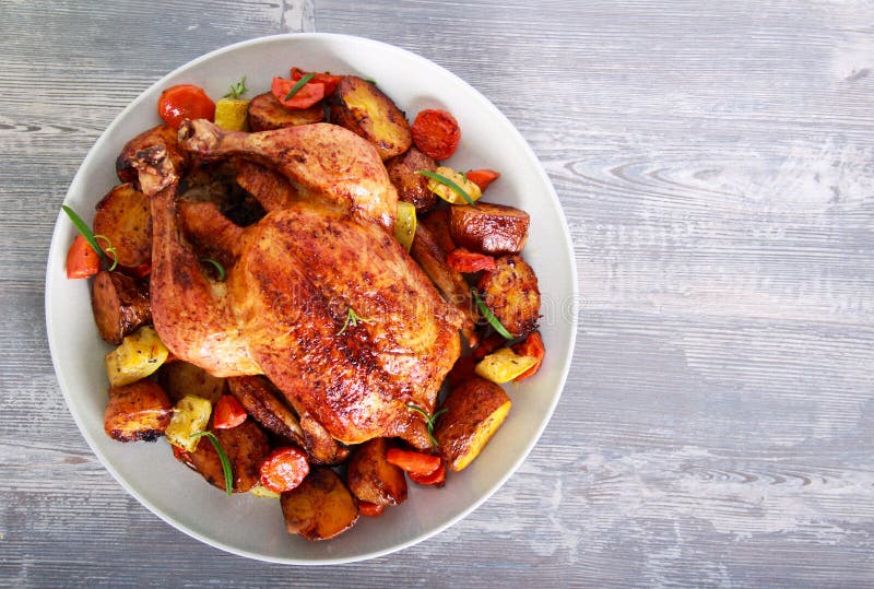 Roast Chicken with Vegetables on Plate Stock Image Image of overhead