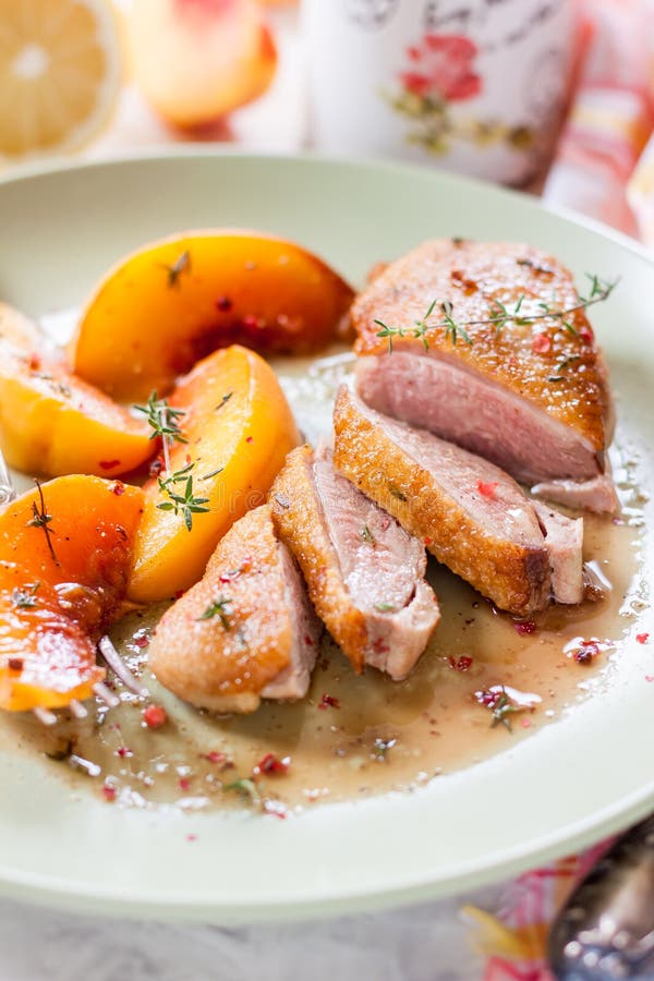 Roast Duck Breast with Peaches Stock Photo Image of meat, duck 76951530
