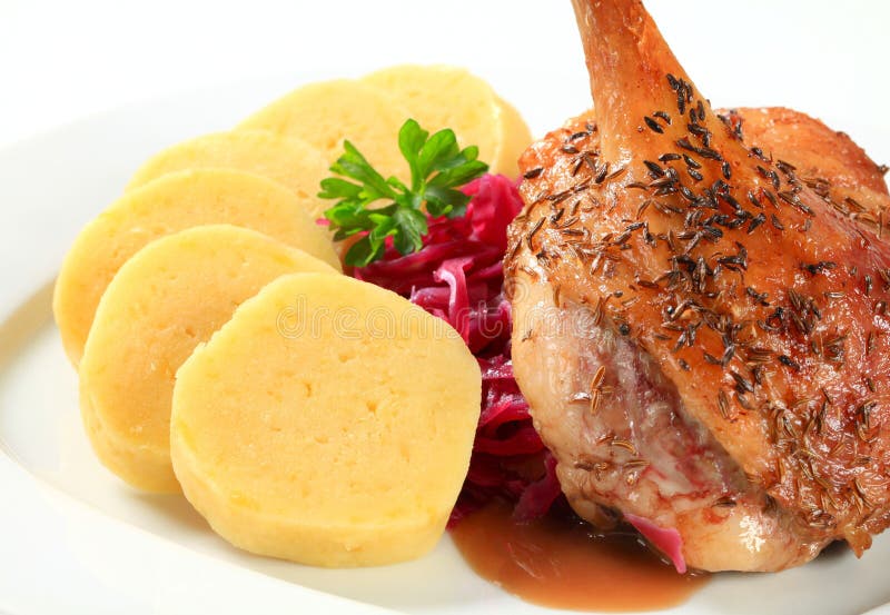 Roast Duck with Potato Dumplings and Red Cabbage Stock Image Image of