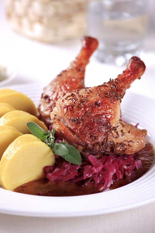 Roast Duck with Red Cabbage and Potato Dumplings Stock Photo Image of