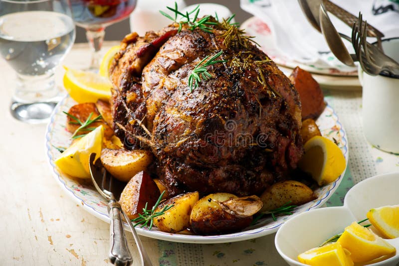 Roast Lamb Leg with Vegetables.style Rustic Stock Image Image of