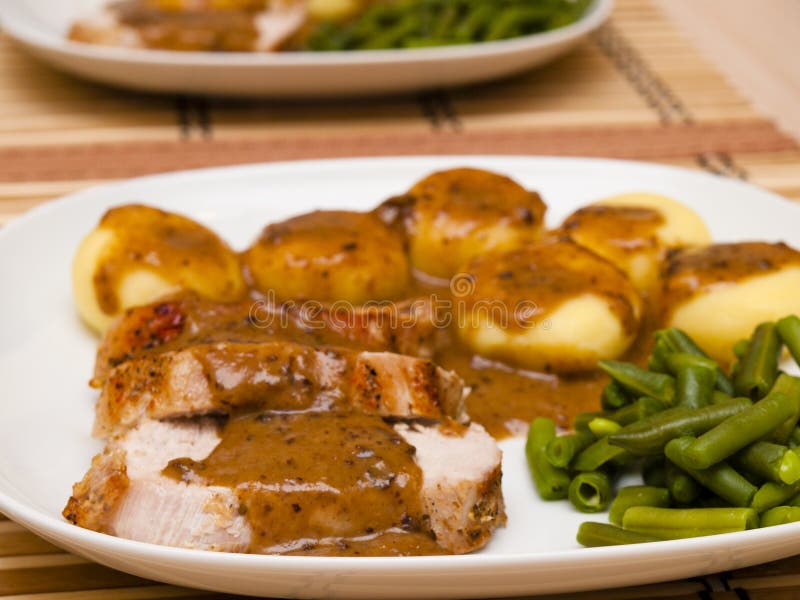Roast Pork in Gravy with Silesian Noodles Stock Image Image of